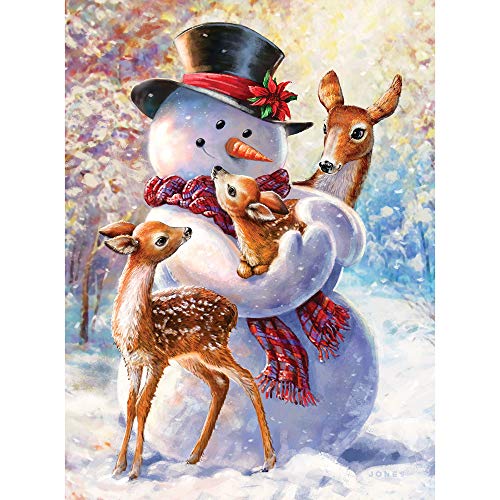 Product Cover Bits and Pieces - 300 Piece Glitter Jigsaw Puzzles for Adults - Snowman and Fawns - 300 pc Winter Holiday Deer Christmas Jigsaw by Artist Larry Jones