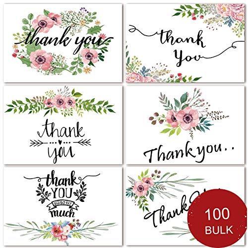 Product Cover 100 Bulk Thank You Cards, Blank Thank You Notes for Wedding, Baby Shower, Bridal Shower, Anniversary, 6 Floral Flower Design, Blank On the Inside, 4 x 6 inch Thank You Cards with Adhesive Envelopes