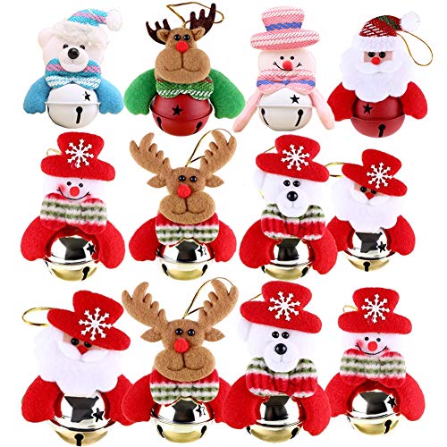 Product Cover Yamisan 12 PCS Christmas Ornaments Bells Decorations, Hanging Ornaments Bells Christmas Tree Door Party Supplies, Snowman/Old Man/Bear/Elk