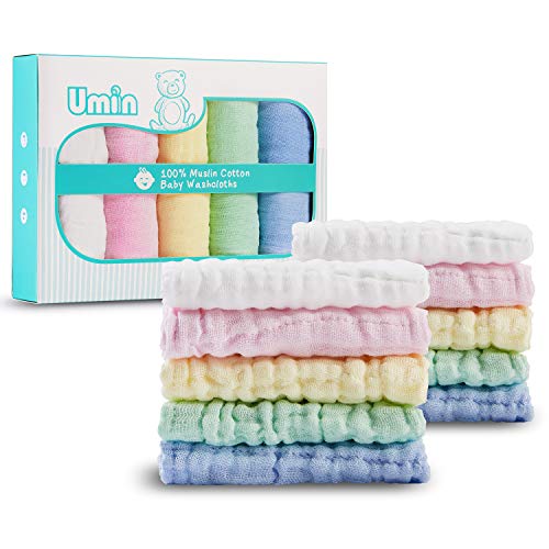 Product Cover Umiin Baby Washcloths Set of 10, Soft Cotton Baby Muslin Washcloths Set Baby Wipes Baby Face Towel, Baby Shower Gift, Baby Registry Must-Haves, 12 x 12 inches