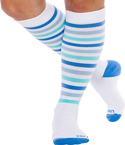 Product Cover LISH Women's True Stripes Wide Calf Compression Socks - Graduated 15-25 mmHg Knee High Plus Size Support Stockings (Blue, M/L)