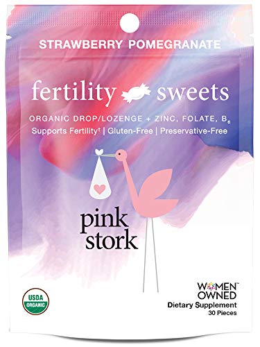 Product Cover Pink Stork Fertility Sweets: Strawberry-Pomegranate, USDA Organic Hard Lozenges with Folate, Zinc, Vitamin B6 to Support Fertility, 30 Individually Wrapped Hard Sweets