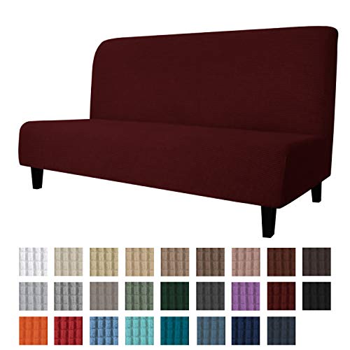 Product Cover Easy-Going Stretch Sofa Slipcover Armless Sofa Cover Furniture Protector Without Armrests Slipcover Soft with Elastic Bottom for Kids, Spandex Jacquard Fabric Small Checks(futon,Wine)