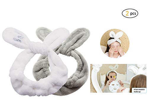 Product Cover Dofash 2Pcs A Cute Rabbit Ear Washing Face Shower Headbands, Makeup Hairbands, Beauty Lovely Spa Headbands With Delicate Bag For Girls And Woman （White And Gray)
