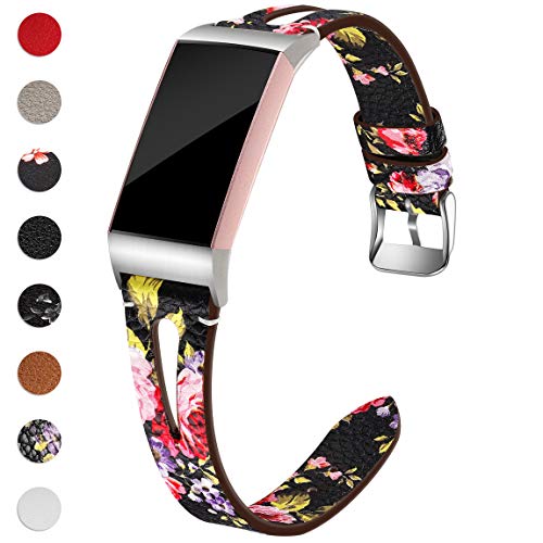 Product Cover Maledan Bands Compatible for Fitbit Charge 3 and Charge 3 SE Fitness Activity Tracker, Slim Genuine Leather Band Replacement Accessories Strap for Charge3 Special Edition, Large, Black/Pink Floral