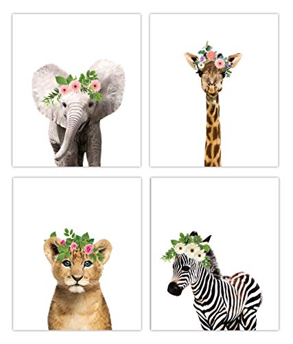 Product Cover Designs by Maria Inc. Floral Crown Safari Baby Animals Nursery Decor Art - Set of 4 UNFRAMED Wall Prints 8x10 (Option 4)