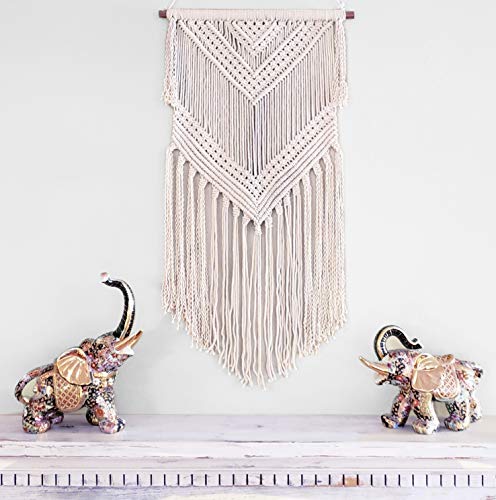 Product Cover Boho Macrame woven Wall Hanging Beige 16 in x 36 in Modern Bohemian Tapestry wall Art Decor for House, Apartment, Dorm, Bedroom, Nursery, Party Decorations, Wedding, Wall Ornament