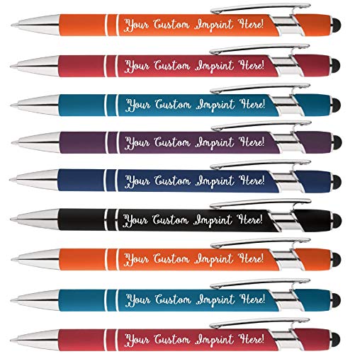 Product Cover Rainbow Rubberized Soft Touch Ballpoint Pen with Stylus Tip is a stylish, premium metal pen, black ink, medium point. Box of 12 - Personalized with your custom text and/or logo (Assorted)
