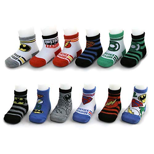 Product Cover DC Comics Assorted Superhero Characters 12 Pair Socks Set, Baby Boys, Age 0-24M (Justice League Design Set, 0-6 Months)