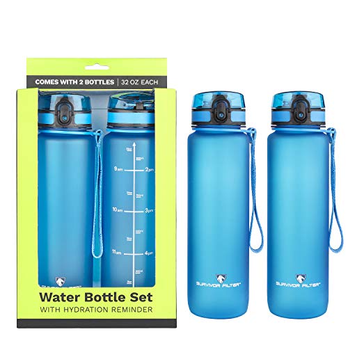 Product Cover Survivor Sports Water Bottles (32oz) - 2 Bottle Set (2 Liters Total) (Note: Not a Water Filter) with Leakproof Quick-Lock Lids, Hydration Reminder and Convenient Carry Straps - BPA Free