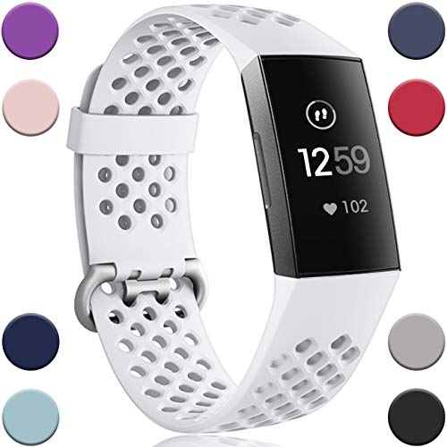 Product Cover Wepro Bands Replacement Compatible Fitbit Charge 3 for Women Men Small, Waterproof Breathable Holes Watch Sport Strap Accessories for Fitbit Charge 3 SE Fitness Tracker, White