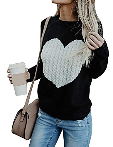 Product Cover shermie Women's Pullover Sweaters Long Sleeve Crewneck Cute Heart Knitted Sweaters Black S