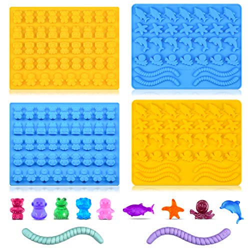 Product Cover Gummy Bear Mold Candy Molds - Chocolate Molds Including Bears, Frogs, Lions, Monkeys, Penguins, Worms, Starfishs, Dolphins, Octopus, Sharks Sea Mold BPA Free Set of 4 Silicone Molds