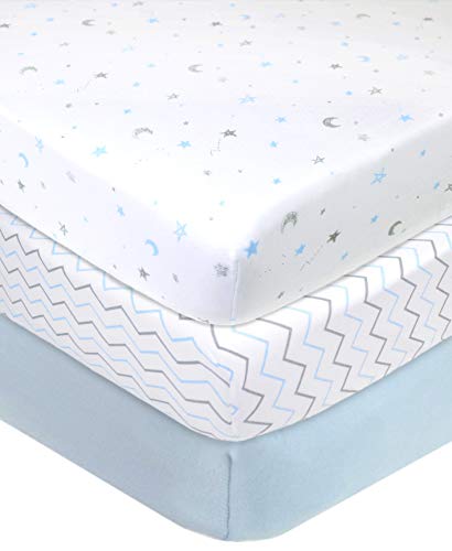Product Cover American Baby Company 3 Piece 100% Cotton Jersey Knit Fitted Crib Sheet for Standard Crib and Toddler Mattresses, Blue Star/Zigzag, for Boys and Girls