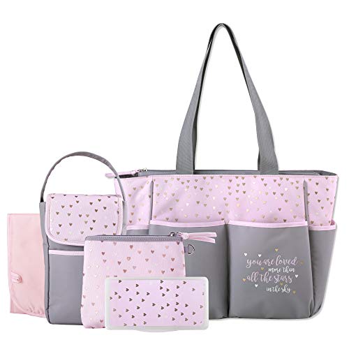 Product Cover Diaper Bag Tote 5 Piece Set with Sun, Moon, and Stars, Wipes Pocket, Dirty Diaper Pouch, Changing Pad (Grey/Pink)