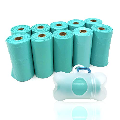 Product Cover POQOD Pet Waste Bags - Leak-Proof Dog Waste Bags, Clean up Poop Bag Refills (10 Rolls / 150 Count, Greenish-Blue) Includes Free Bone Dispenser and Leash Clip