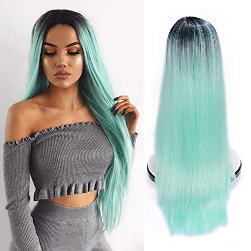 Product Cover WIGER Ombre Green Wig Long Straight Colorful Hair Synthetic Wigs Dark Roots to Mint Green Middle Part Natural Looking Heat Resistant Party Cosplay Full Wigs for Women Girls