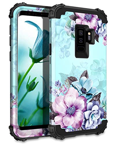 Product Cover Casetego Compatible Galaxy S9 Plus Case,Floral Three Layer Heavy Duty Hybrid Sturdy Armor Shockproof Full Body Protective Cover Case for Samsung Galaxy S9 Plus-Blue Flower