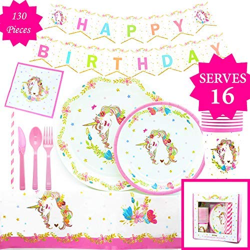 Product Cover Gold Orongo Unicorn Party Supplies | Beautiful Birthday Decorations for Girls -Serves 16 - Unicorn Themed Party Magical Day for Your Little Princess | Complete Disposable Pink Set (130 Item kit)