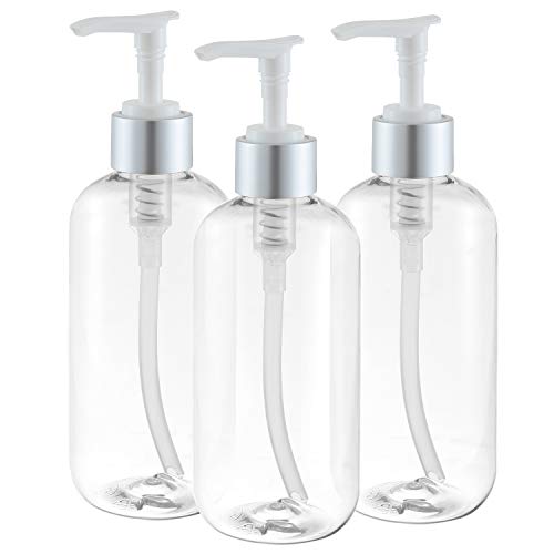 Product Cover 3 Pack - 8 Oz Empty Plastic Pump Bottles with Silver/White Pump Dispenser - Great for Oils, Lotions, Soaps, Shampoos and more - BPA Free