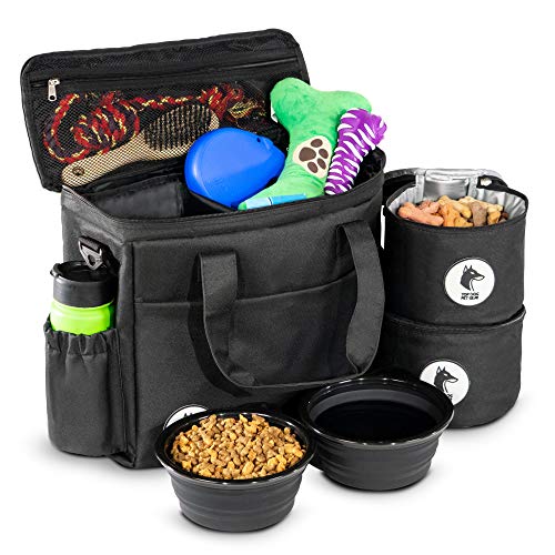 Product Cover Top Dog Travel Bag - Airline Approved Travel Set for Dogs Stores All Your Dog Accessories - Includes Travel Bag, 2X Food Storage Containers and 2X Collapsible Dog Bowls - Black
