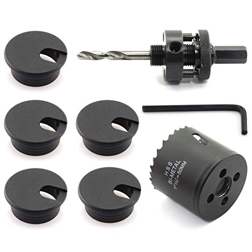 Product Cover HJ Garden 5pcs 2 inch Desk Wire Cord Cable Grommets Hole Cover With Hole Saw Kit High Speed Bi-Metal Holesaw Drill Bits for Office PC Desk Cable Cord Organizer