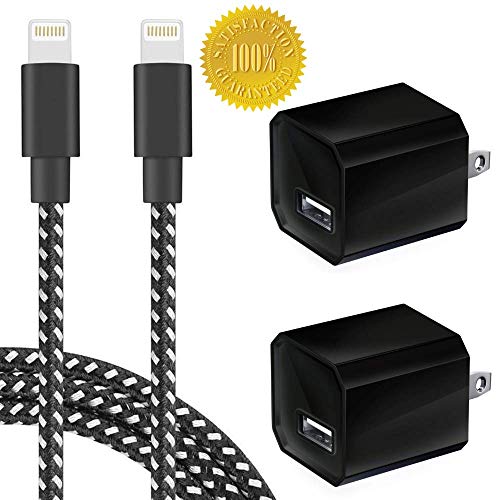 Product Cover Boost Chargers 5W USB Power Adapter Wall Charger 1A Cube Plug Outlet w/ 6FT/2M + 3FT/1M Nylon Braided Sync & Charger Cord Compatible iPhone 8 / X / 7 / 6S / Plus + More (Black) 2 Pack