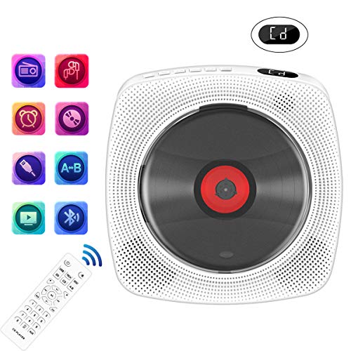 Product Cover Portable CD Player with Bluetooth, Wall Mountable CD Music Player Home Audio Boombox with Remote Control FM Radio Built-in HiFi Speakers, MP3 Headphone Jack AUX Input Output, White