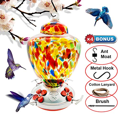 Product Cover REZIPO Hummingbird Feeder with Perch - Hand Blown Glass - Orange - 38 Fluid Ounces Hummingbird Nectar Capacity Include Hanging Wires and Moat Hook