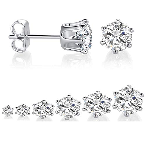 Product Cover Stud Earrings Pack 14K White Gold Plated Cubic Zirconia Earring Set 3-8mm Simulated Diamond CZ Studs for Women Men with Sensitive Ears