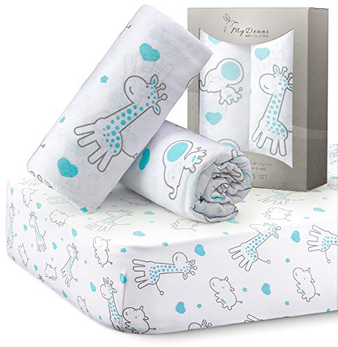 Product Cover MYDEANI Fitted Crib Sheets Set 2 Pack 100% Jersey Knit Cotton for Baby Boys and Girls with Lovely Animals Prints in White, Gray and Mint, Standard Crib Mattress Topper