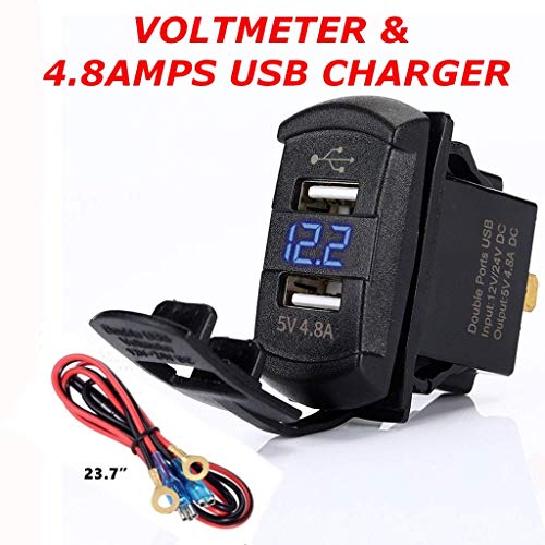 Product Cover 4.8 Amps Dual USB Rocker Style Charger w/Blue Voltmeter for Boats, Polaris RZR 900, RZR 1000, Ranger, Mobile Home, RV, Can Am Spyders, Can Am Maverick, Can AM SxS, Golf Cart (4.8A Blue)
