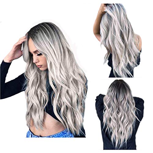 Product Cover Silver Gray Ombre wigs Dark Roots Long Curly Synthetic Hair for Women Party Cosplay Accessories (Silver Gray)