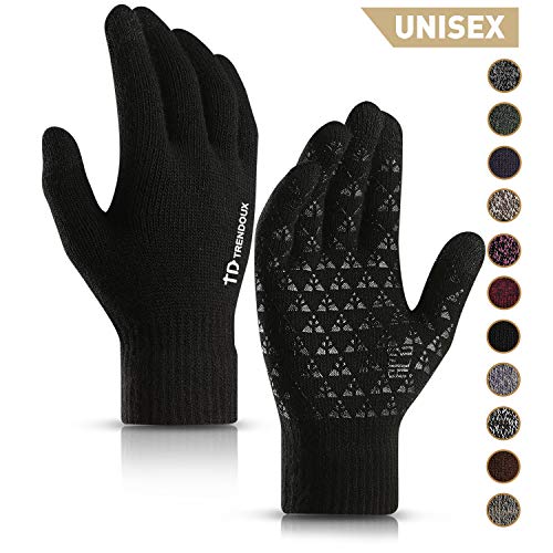 Product Cover TRENDOUX Winter Gloves, Knit Touch Screen Glove Men Women Texting Smartphone Driving - Anti-Slip - Elastic Cuff - Thermal Soft Wool Lining - Hands Warm in Cold Weather - Black - M