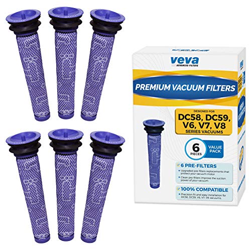 Product Cover VEVA 6 Premium Vacuum Pre Filters Compatible with Dyson V6, V7, V8, DC58, DC59, DC61, DC62, Animal, Washable Pre Filter Part # 965661