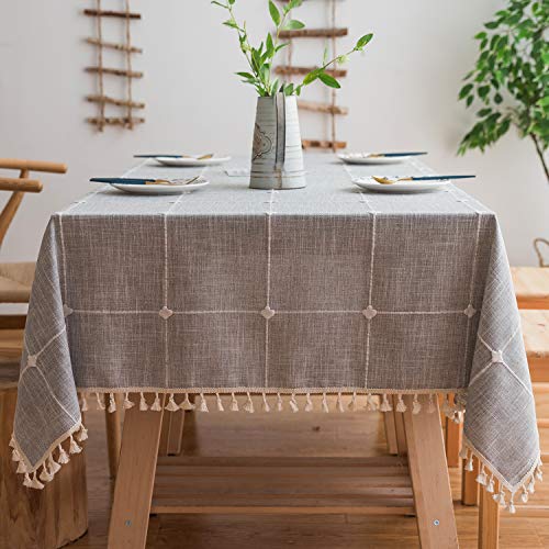 Product Cover Mokani Washable Cotton Linen Solid Embroidery Checkered Design Tablecloth, Rectangle Table Cover Great for Kitchen Dinning Tabletop Buffet Decoration (55 x 78 Inch, Gray)