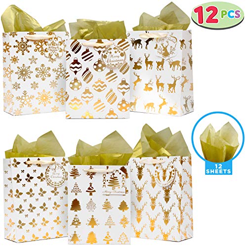 Product Cover 12 Pack Christmas Holiday Foil Gold Gift Bags with Tissue Papers and Name Card Tags; Assorted White Winter Prints for Party Favors Goody Bags, Xmas Presents, Classrooms and Wrapping Stocking Stuffers.