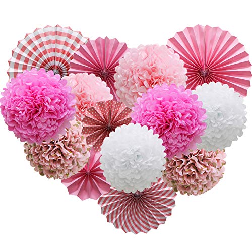 Product Cover Pink Hanging Paper Party Decorations, Round Paper Fans Set Paper Pom Poms Flowers for Birthday Wedding Graduation Baby Shower Events Accessories