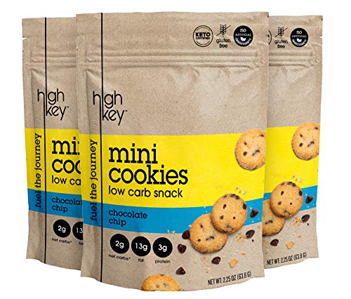 Product Cover HighKey Snacks Keto Mini Low Carb Cookies - Chocolate Chip, Pack of 3, 2.25oz Bags - Keto Friendly, Gluten Free, Healthy Snack - Sweet, Diet Friendly Dessert - Ketogenic Food with Natural Ingredients