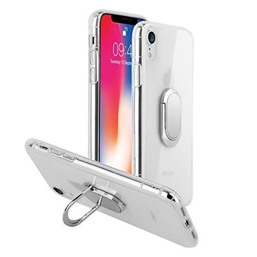 Product Cover mgACC iPhone XR Case with 360 Rotating Ring Grip Holder Kickstand Function Magnetic Base, Ultra Slim Thin Hard Scrub Cover with Shockproof Protective for Soft TPU iPhone XR (Transparent)