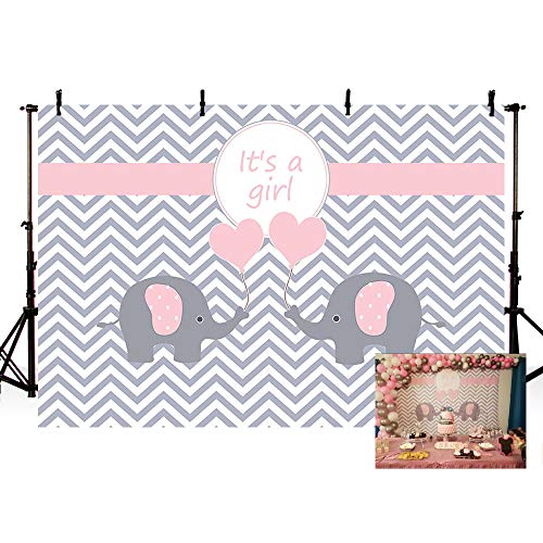 Product Cover MEHOFOTO Cute Pink Princess Girl Baby Shower Banner Grey White Wave Photo Studio Backgrounds Elephant Love Party Backdrops Props for Photography 7x5ft