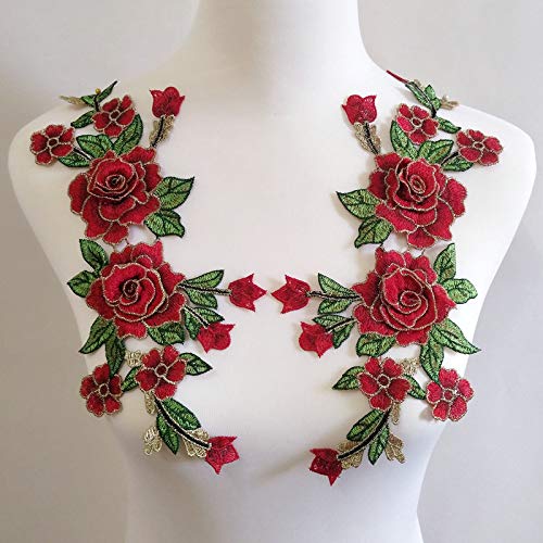 Product Cover One Pair Embroidery Rose Flower Sew On Patch Dress Hat Bag Jeans Applique Crafts Clothing Accessories (red)