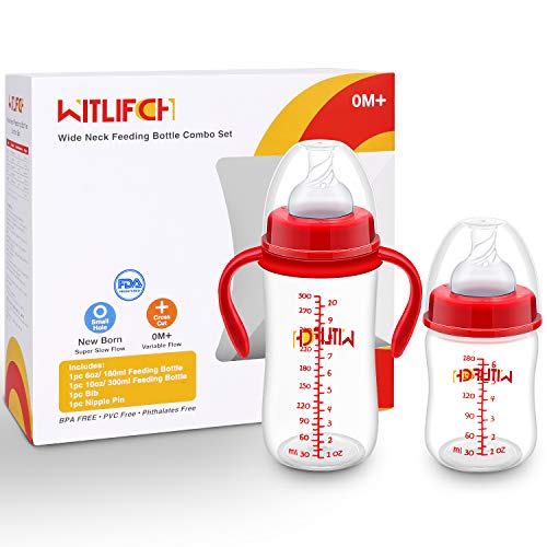 Product Cover WITLIFCH Anti-Colic Baby Bottles Newborn - 6&10 OZ Baby Bottles for Girls and Boys with Handle - 2 Pack Wide Neck Bottles, Clear BPA-Free Feeding Bottle Gift Set