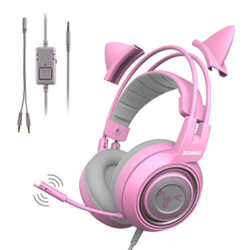 Product Cover SOMIC G951s Pink Stereo Gaming Headset with Mic for PS4, Xbox One, PC, Mobile Phone, 3.5MM Sound Detachable Cat Ear Headphones Lightweight Self-Adjusting Over Ear Headphones for Women