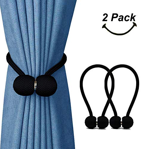 Product Cover SmallDot Magnetic Curtain Tiebacks, 16 Inch Window Holdbacks Drapes Holders Hooks, Decorative Weave Rope Clips Strong Magnet for Home Office Restaurant Décor, Pack of 2, Black