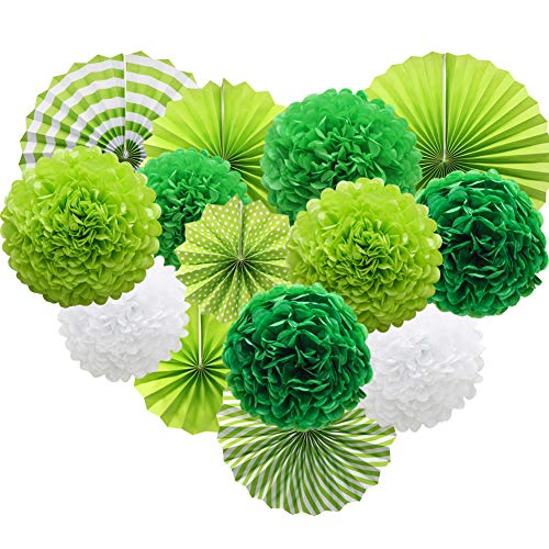 Product Cover Green Hanging Paper Party Decorations, Round Paper Fans Set Paper Pom Poms Flowers for Birthday Wedding Graduation Baby Shower Events Accessories