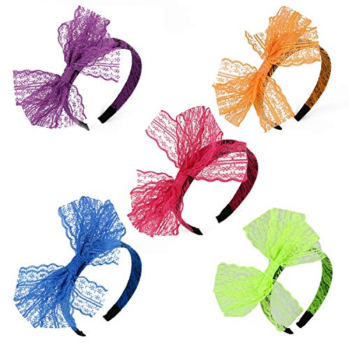 Product Cover WBCBEC 5 Pieces 80's Lace Headband Costume Accessories for 80s Theme Party, No Headache Neon Lace Bow Headband