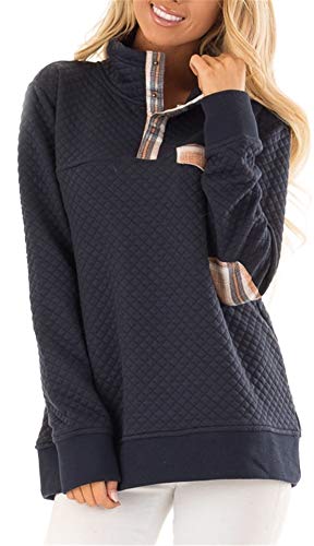 Product Cover Women's Button Neck Quilted Pullover Sweatshirts Patchwork Elbow Patches Tops Outwear