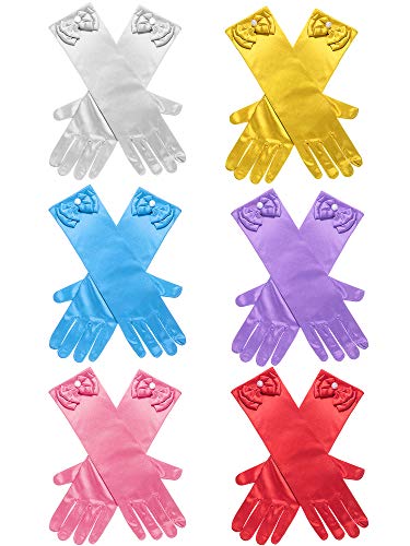 Product Cover Zhanmai 6 Pairs Girls Satin Gloves Princess Dress Up Bows Gloves Long Formal Gloves for Party, Ages 3 to 8 Years Old (Color 1)
