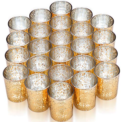 Product Cover Vizayo Gold Votive Candle Holders - Set of 24 Mercury Glass Votives and Tealight Candle Holder - Gold Wedding Decorations